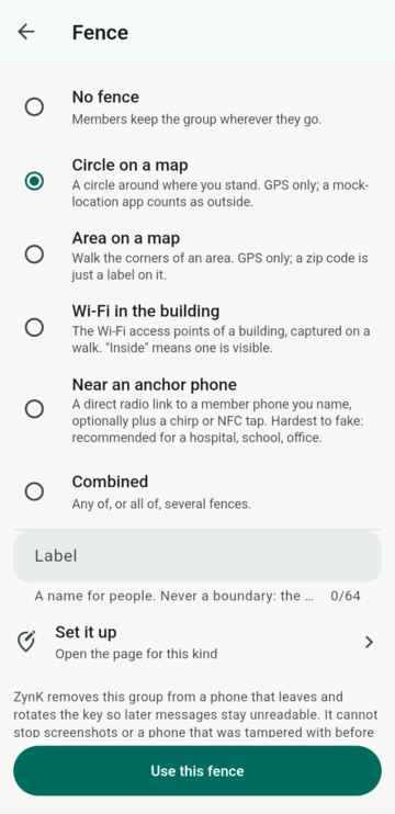 The fence chooser: no fence, a circle on a map, an area on a map, Wi-Fi in the building, near an anchor phone, or a combination, each with its honest limits.
