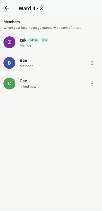 The members screen of a private group with three members: the admin, and two members, one of them linked right now.