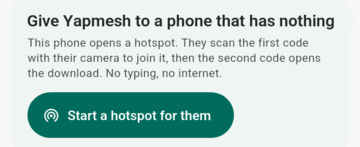 The Share the app screen: give Yapmesh to a phone that has nothing, with a Start a hotspot for them button.