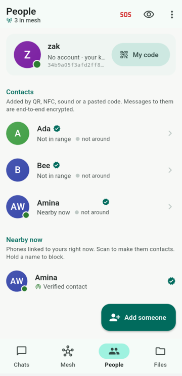 The People tab: your own key fingerprint, contacts, and a contact whose presence line reads nearby now.