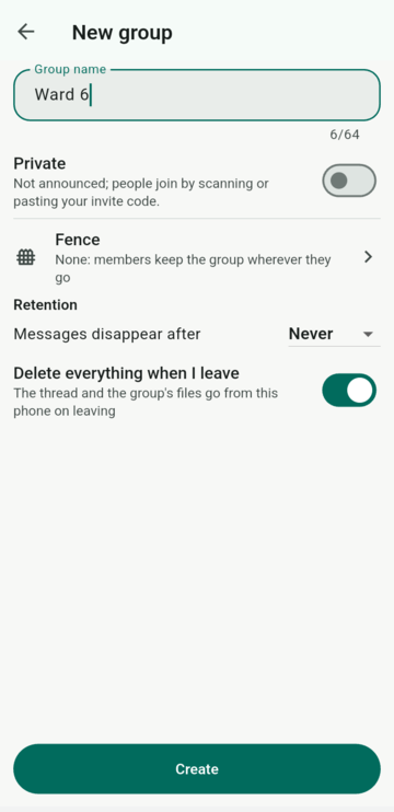 The new-group screen with retention: messages disappear after a chosen time, and delete everything when I leave.