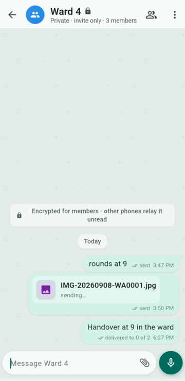 A group thread where the sender's own message reads delivered to 0 of 2, because neither member is in reach.