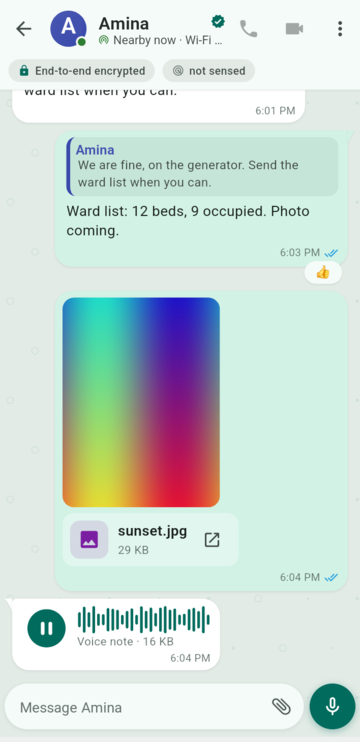 A received voice note playing in a chat, with a waveform and the size, 16 KB.